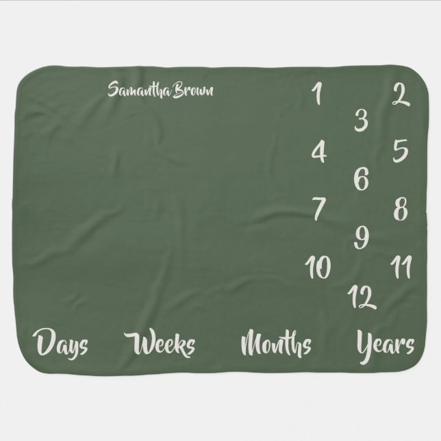Milestone sage green monthly Growth Days Weeks Age Baby Blanket (Horizontal)