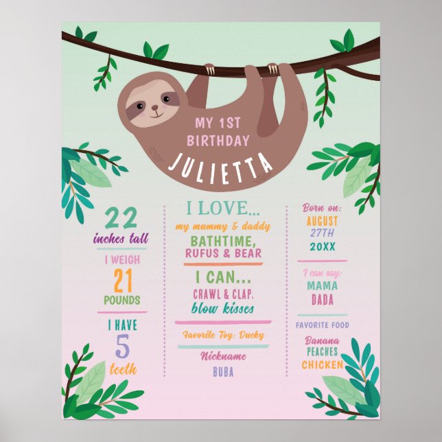 Milestone Sloth Poster Girls 1st Pink Jungle  (Front)