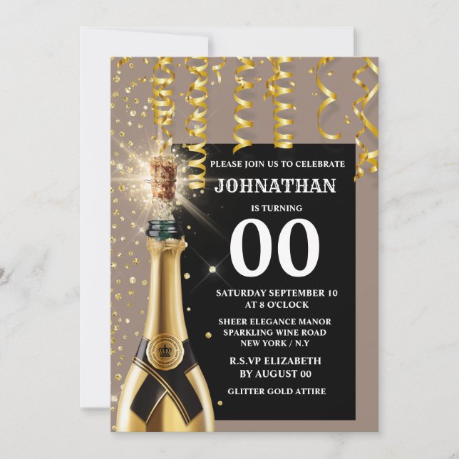 Milestone sparkling wine gold blue glitter any age invitation (Front)
