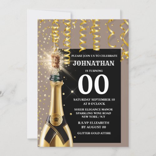 Milestone sparkling wine gold blue glitter any age invitation