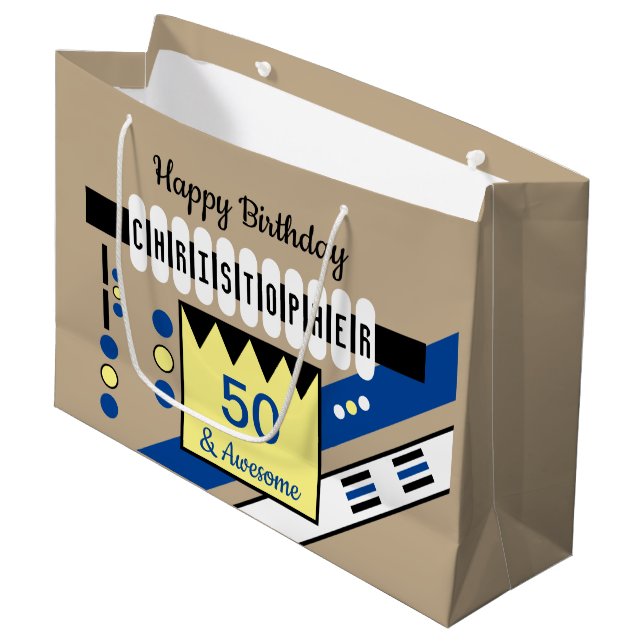 Milestone special birthday name blue yellow large gift bag (Front Angled)