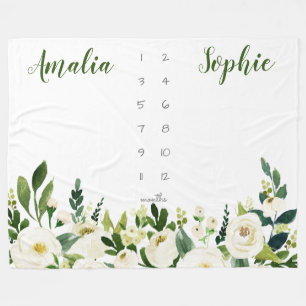 Milestone twin baby girl watercolor flowers fleece blanket