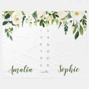 Milestone twin baby girl watercolor flowers fleece blanket