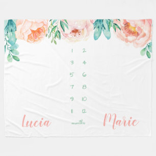 Milestone twin baby girl watercolor flowers peach fleece blanket