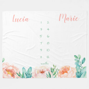 Milestone twin baby girl watercolor flowers peach fleece blanket