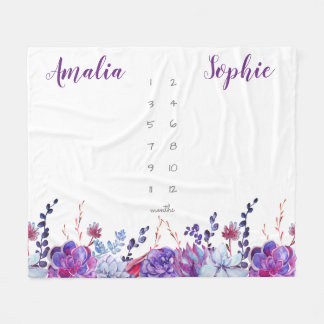 Milestone twin baby girl watercolor flowers purple fleece blanket