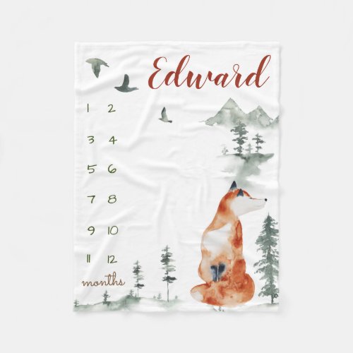 Milestone watercolor woodland forest fox fleece blanket