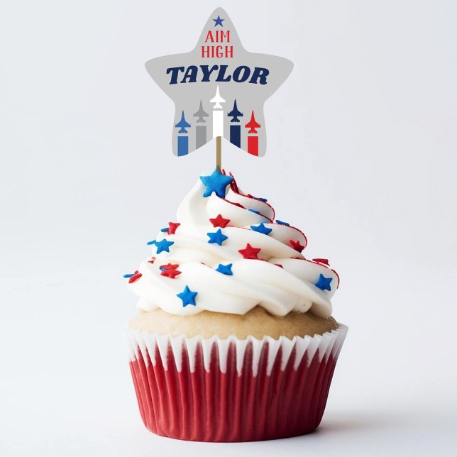 Military Air Force Going Away Party Cupcake Picks Star Sticker (Air Force Airman Aim High Star shape Stickers for cupcake picks, patriotic military going away party)