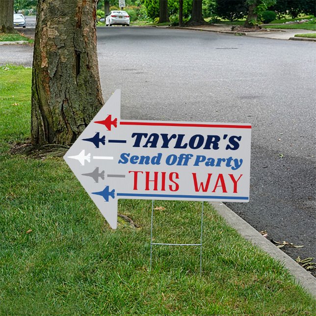 Military Air Force Going Away Party Lawn Sign   (Patriotic Air Force Space Force planes personalized Name going away party arrow outdoor lawn sign)