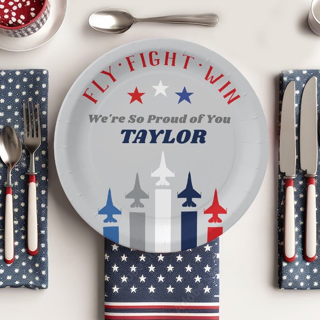 Military Air Force Jet Planes Going Away Party Paper Plates (Air Force Airman Name fighter jet paper plates patriotic military going away party table decorations)