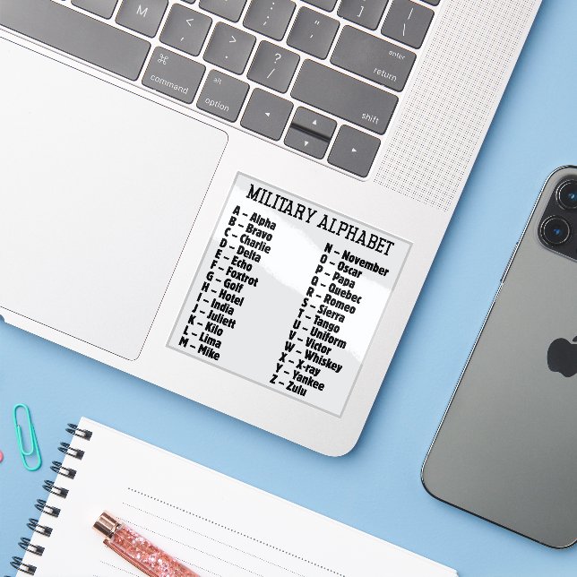 Military Alphabet Phonetic Code, Alpha Bravo... Sticker (Laptop w/ iPhone)