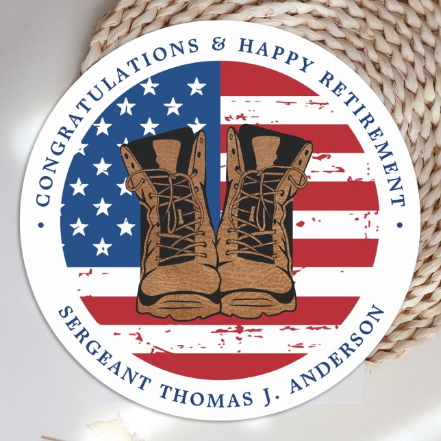 Military Army American Flag Boots Retirement Party Classic Round Sticker (Creator Uploaded)