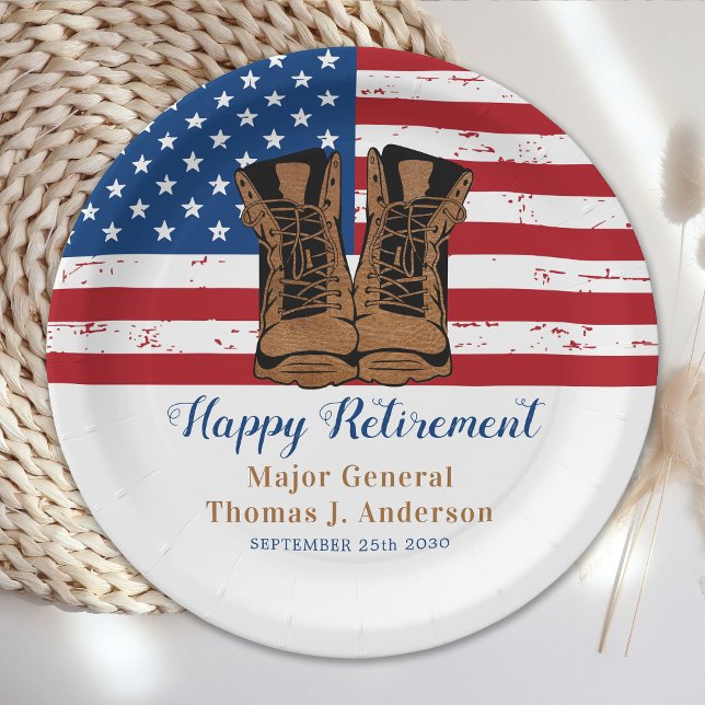 Military Army American Flag Boots Retirement Party Paper Plates (Creator Uploaded)