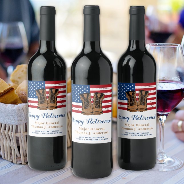 Military Army American Flag Boots Retirement Party Wine Label (Creator Uploaded)