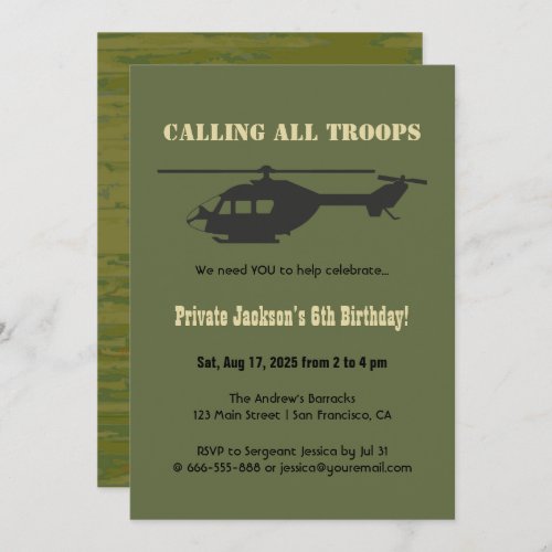 MilitaryArmy Helicopter Kids Birthday Party  Invitation