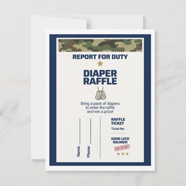 Military Baby Shower Diaper Raffle Ticket Note Card (Front)