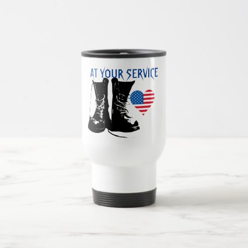 Military Boots US Flag Heart Symbol Red White Blue Travel Mug