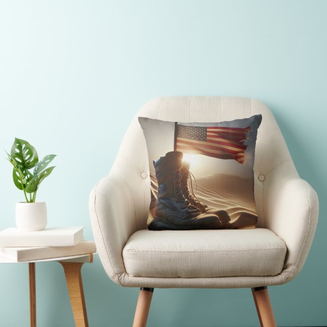 Military Boots With American Flag Throw Pillow (Chair)