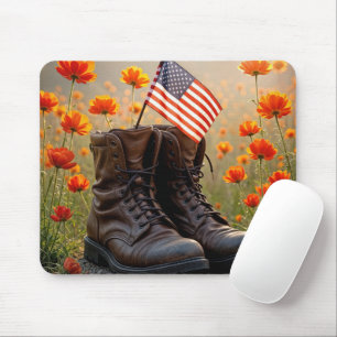 Military Boots With Flag and Poppies Mouse Pad