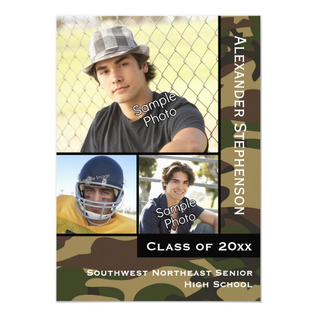 Military Camo Green 3 Photo Graduation Card (front side)
