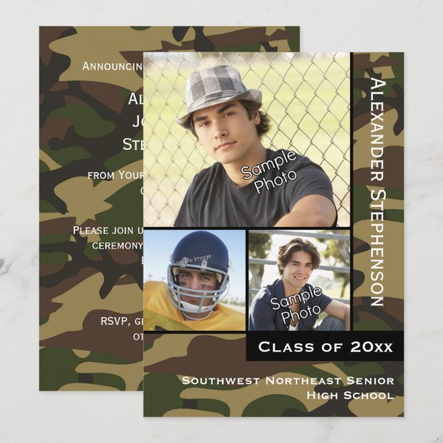 Military Camo Green 3 Photo Graduation Invitation (Front/Back)