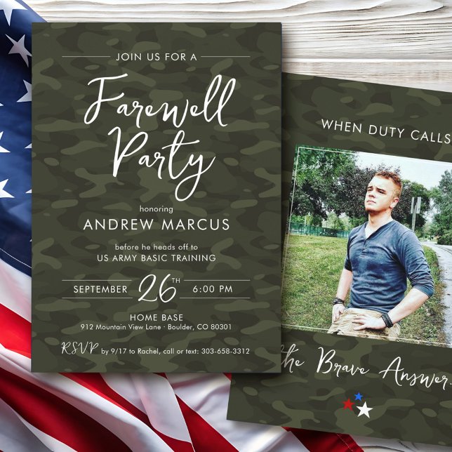 Military Camo Photo Farewell I Going Away Party Invitation (Modern US Military camo simple soldier photo Army Air Force Marines Navy going away farewell party)