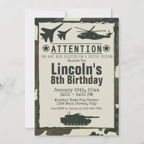 Military Camouflage Birthday Party Army Invite