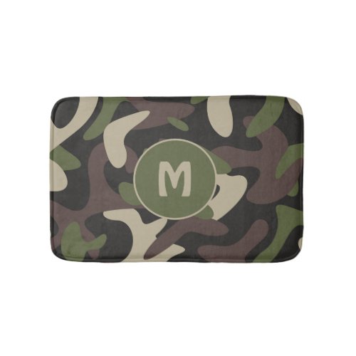 Military Camouflage Green Brown Pattern Monogram Bath Mat