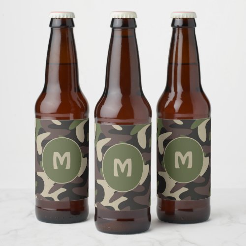 Military Camouflage Green Brown Pattern Monogram  Beer Bottle Label