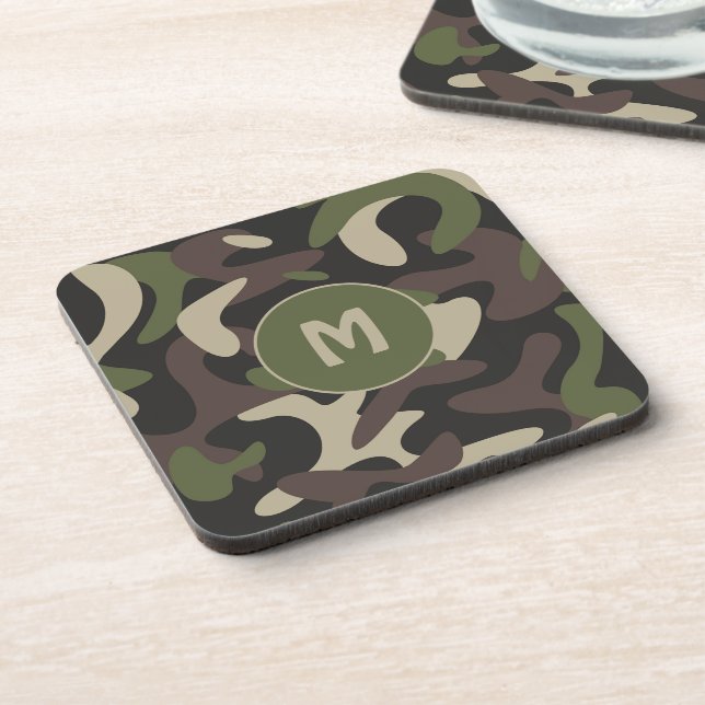 Military Camouflage Green Brown Pattern Monogram Beverage Coaster (Left Side)