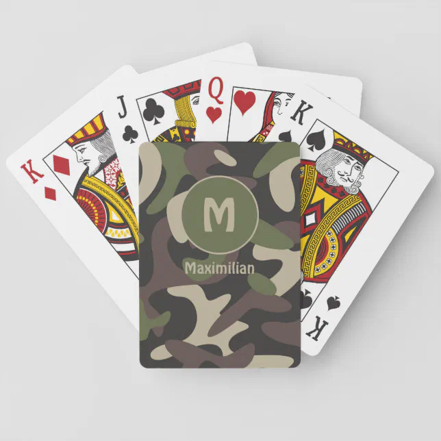 Military Camouflage Green Brown Pattern Monogram Playing Cards (Back)