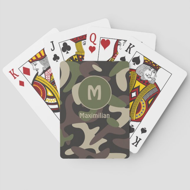 Military Camouflage Green Brown Pattern Monogram Poker Cards (Back)