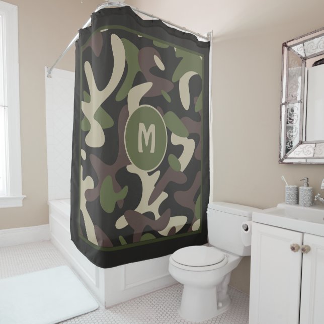 Military Camouflage Green Brown Pattern Monogram Shower Curtain (In Situ)