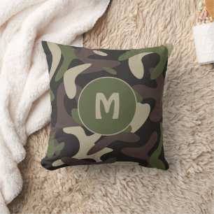 Military Camouflage Green Brown Pattern Monogram Throw Pillow