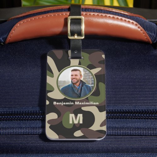 Military Camouflage Green Brown Photo Monogram Luggage Tag