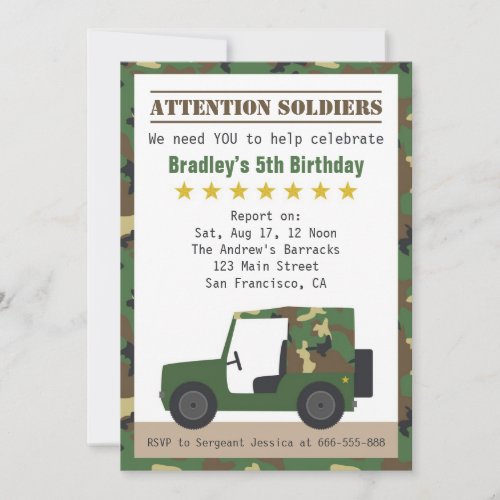 Military Camouflage Pattern Soldier Boy Birthday Invitation