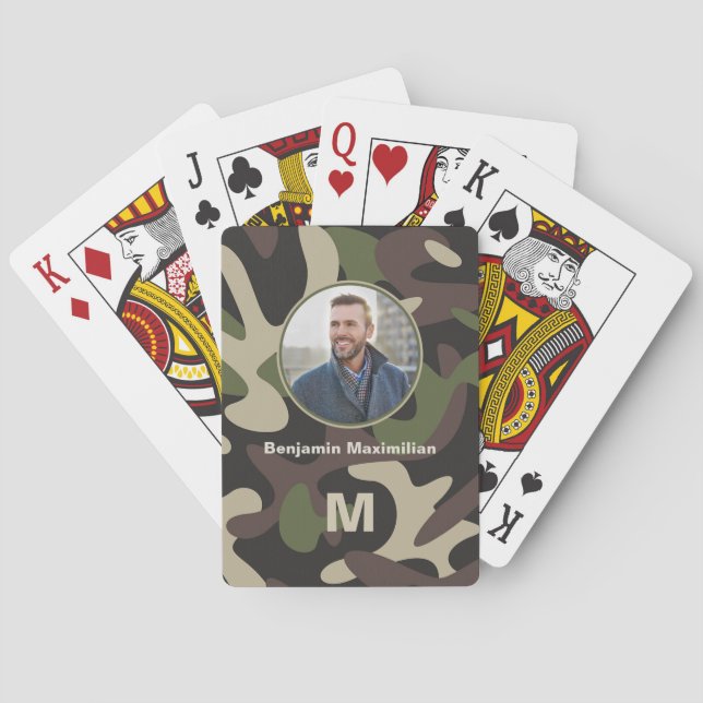 Military Camouflage Photo Monogram Personalize  Poker Cards (Back)