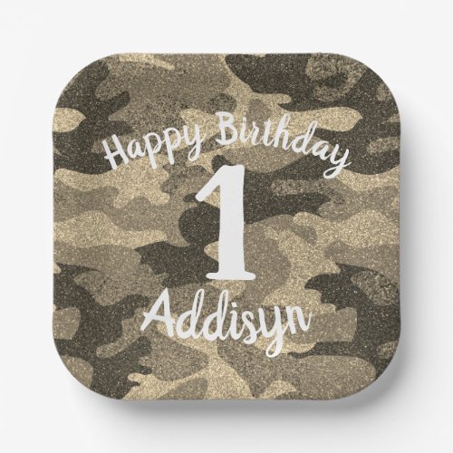 Military Camp Hunt Camouflage Glitter Birthday Pap Paper Plates