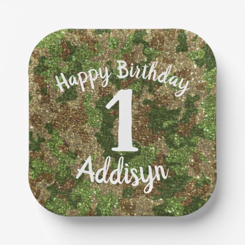 Military Camp Hunt USA Camouflage Glitter Birthday Paper Plates