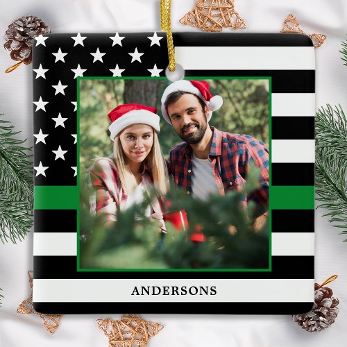 Military Christmas Custom Photo Thin Green Line  Ceramic Ornament