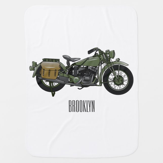 Military cruiser motorcycle cartoon illustration baby blanket (Front)