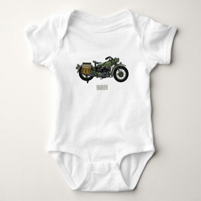 Military cruiser motorcycle cartoon illustration baby bodysuit (Front)