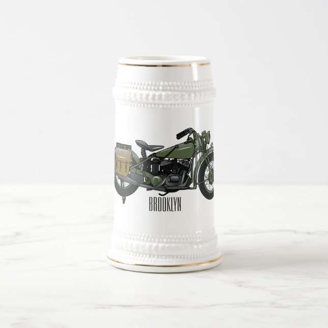 Military cruiser motorcycle cartoon illustration beer stein (Center)