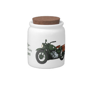 Military cruiser motorcycle cartoon illustration candy jar