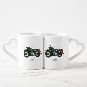 Military cruiser motorcycle cartoon illustration coffee mug set