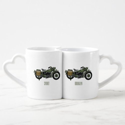 Military cruiser motorcycle cartoon illustration coffee mug set