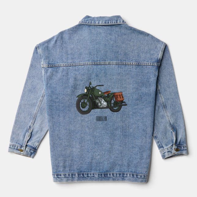 Military cruiser motorcycle cartoon illustration denim jacket (Back)