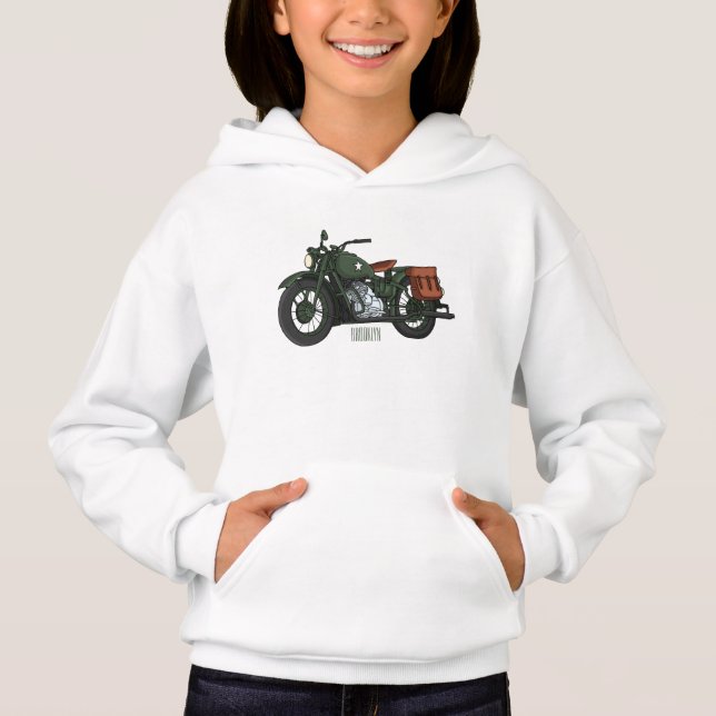 Military cruiser motorcycle cartoon illustration hoodie (Front)