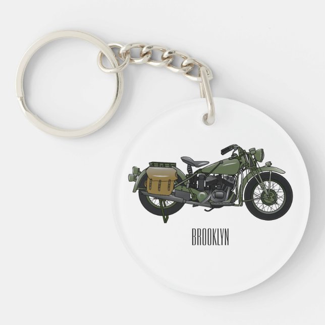 Military cruiser motorcycle cartoon illustration keychain (Front)