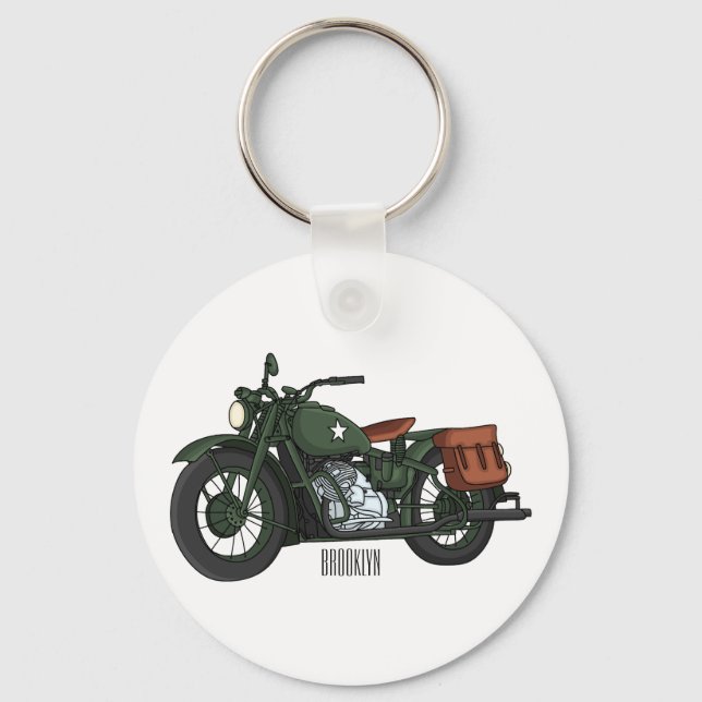 Military cruiser motorcycle cartoon illustration keychain (Front)